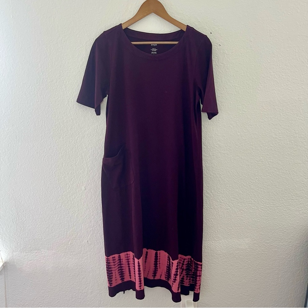 J.JILL PURE JILL TIE-DYED-BORDER PONTE KNIT MIDI DRESS IN ACAI MULTI SMALL - Picture 3 of 14